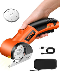 Electric Cardboard Cutter Scissors with LED Light. 2600mAh Rechargeable Battery. Brushless Motor. Tungsten Steel Blade. Cuts Cloth. Leather. Carpet. light orange