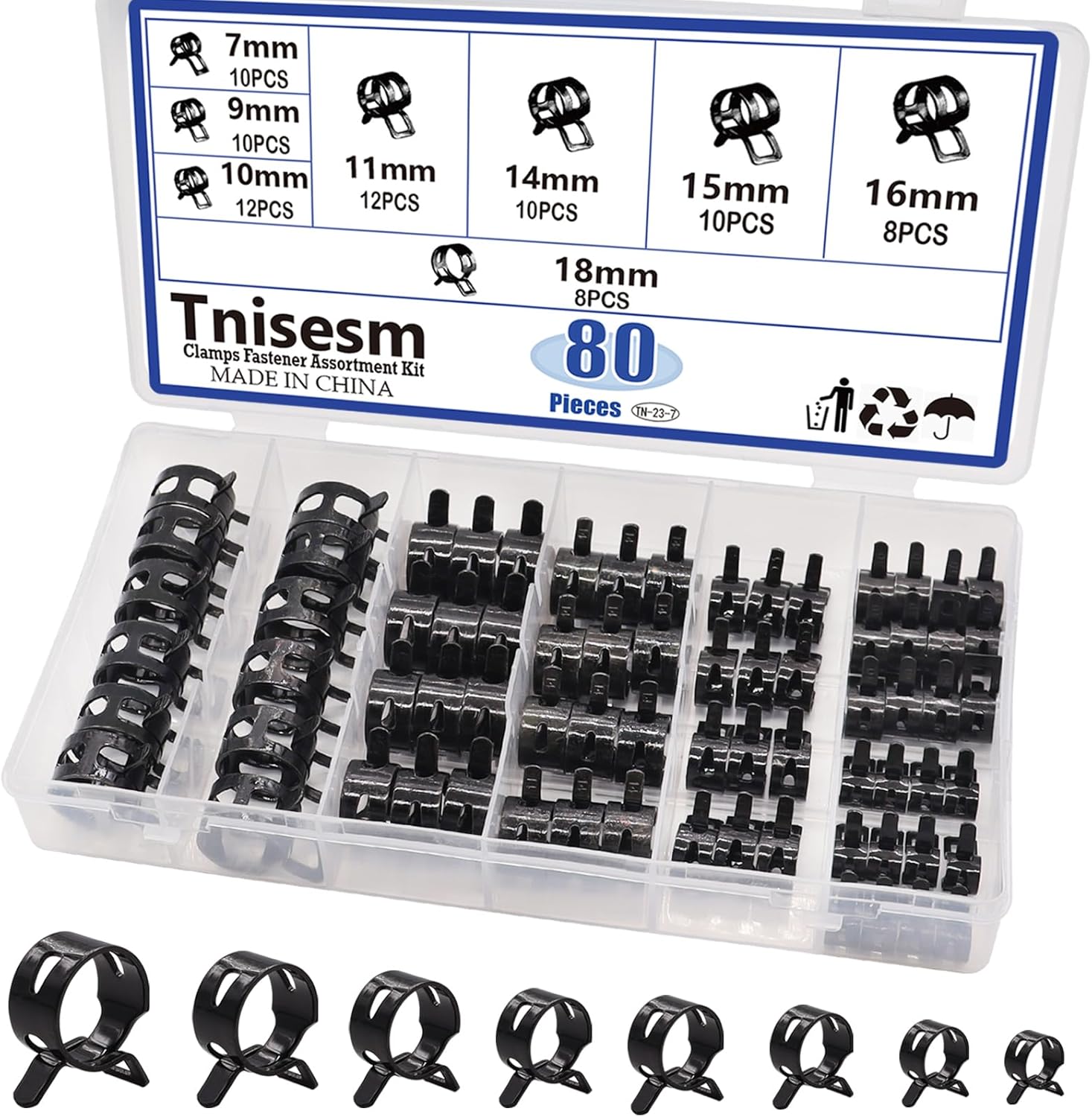 Tnisesm 80Pcs Spring Band Hose Clamps Assortment kits Silicone Vacuum Hose Pipe Clamp 7mm 9mm 10mm 11mm 14mm 15mm 16mm 18mm Low Pressure Air Clip Clamp(Black)