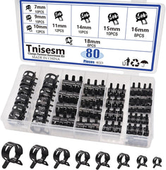 Tnisesm 80Pcs Spring Band Hose Clamps Assortment kits Silicone Vacuum Hose Pipe Clamp 7mm 9mm 10mm 11mm 14mm 15mm 16mm 18mm Low Pressure Air Clip Clamp(Black)